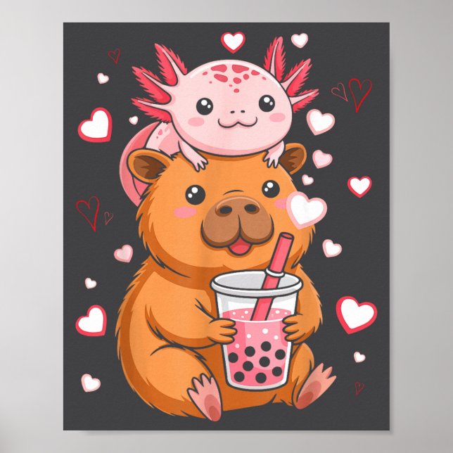 Cute Kawaii Axolotl Capybara Bubble Tea Boys Girls Poster (Vorne)