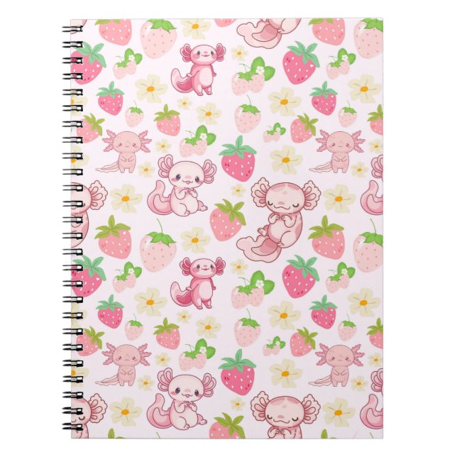 Cute Kawaii Axolotl & Strawberry Seamless Pattern Notizblock (Vorderseite)