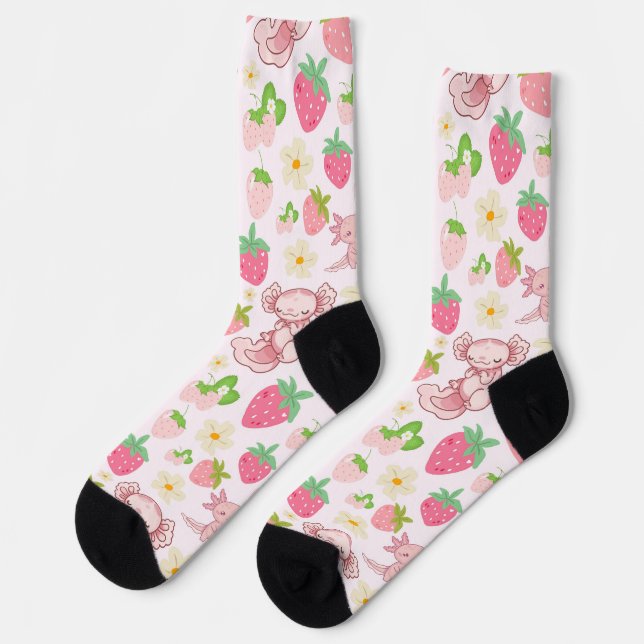 Cute Kawaii Axolotl & Strawberry Seamless Pattern Socken (Linkes Detail)