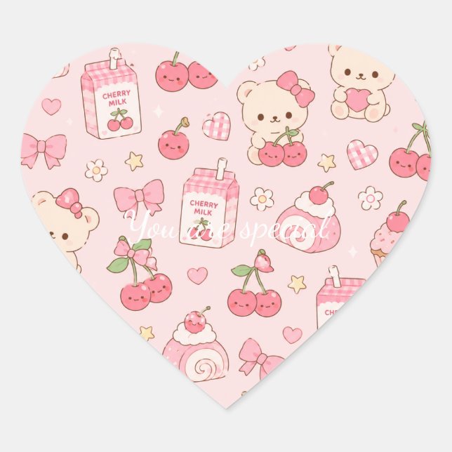 Cute Kawaii Bear Cherry Pattern | Pink Pastel  Herz-Aufkleber (Vorderseite)