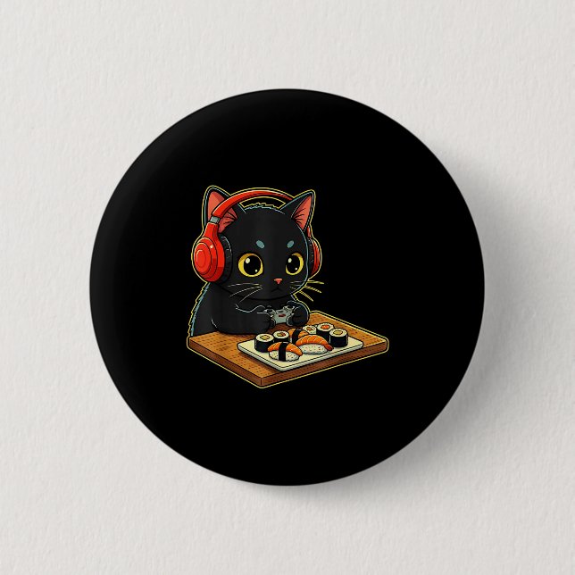 Cute Kawaii Black Cat Funny Sushi Retro Japanese C Button (Vorderseite)