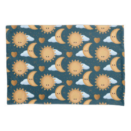 Cute Kawaii Blue Gold Sun Moon Hearts Kissenbezug