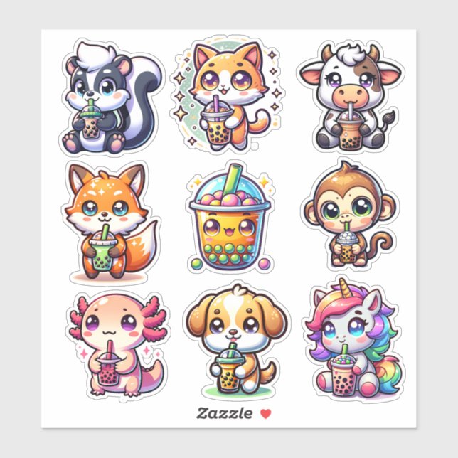 Cute Kawaii Bobo Bubble Tea and Animals Aufkleber (Blatt)