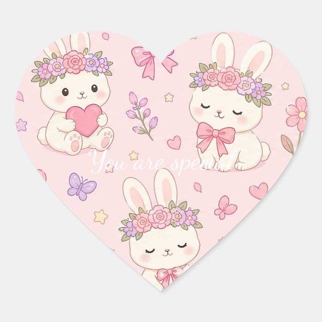 Cute Kawaii Bunny Flower Crown Pattern Herz-Aufkleber (Vorderseite)
