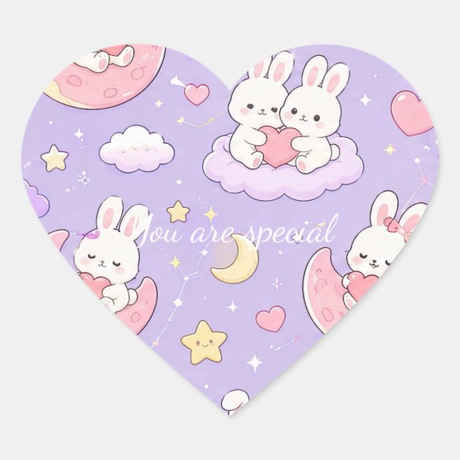 Cute Kawaii Bunny Heart Moon Pattern Herz-Aufkleber (Vorderseite)