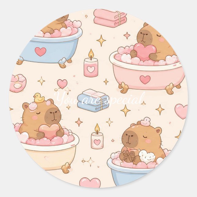 Cute Kawaii Capybara Heart Bath Pattern Runder Aufkleber (Vorderseite)