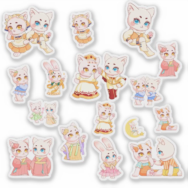Cute Kawaii Cat and Bunny Stickers Aufkleber (Vorderseite)