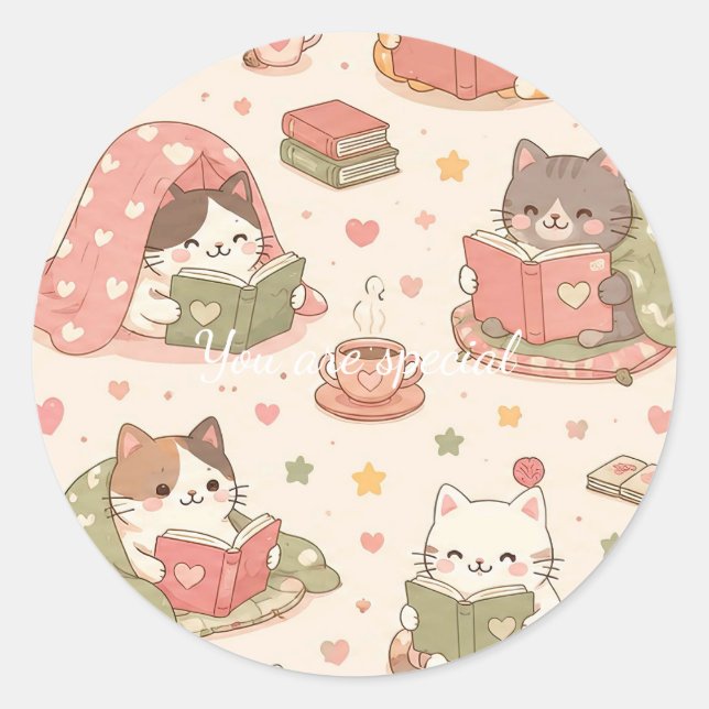 Cute Kawaii Cat Heart Book Pattern Runder Aufkleber (Vorderseite)