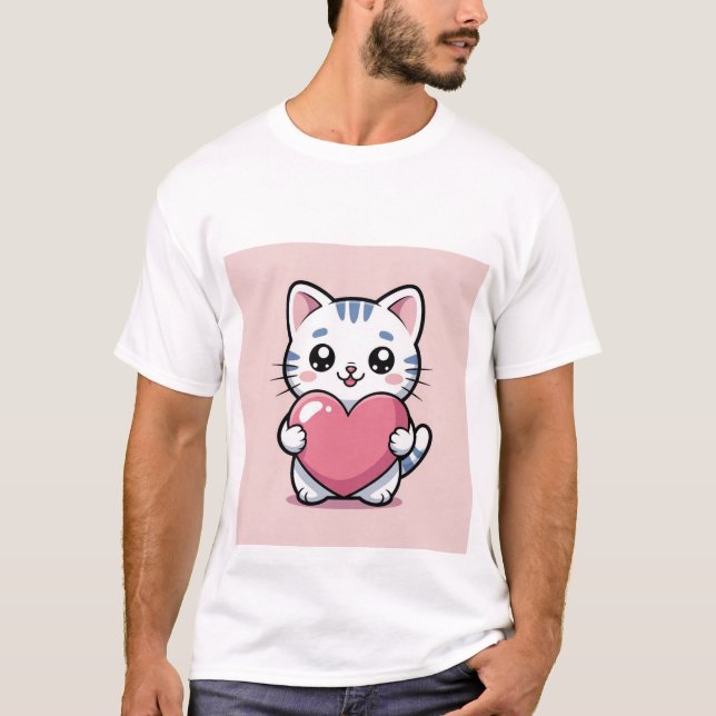 Cute Kawaii Cat Hugging Giant Pink Heart Sticker ✨ T-Shirt (Vorderseite)