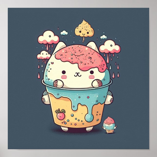 Cute kawaii cat ice cream in a cup poster (Vorne)
