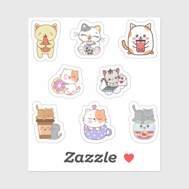 Cute kawaii chat manger des autocollants de restau (Feuille)