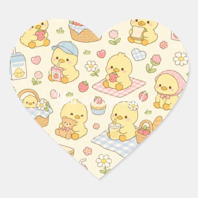 Cute Kawaii Chick Picnic Pattern | Pastel Spring  Herz-Aufkleber (Vorderseite)