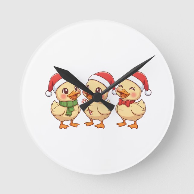 Cute Kawaii Christmas Ducks | Festive Holiday  Runde Wanduhr (Vorderseite)