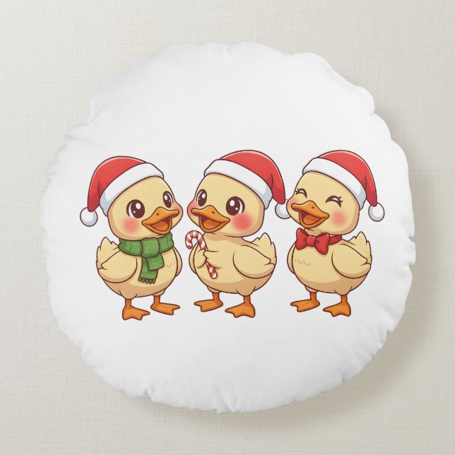 Cute Kawaii Christmas Ducks | Festive Holiday  Rundes Kissen (Vorderseite)