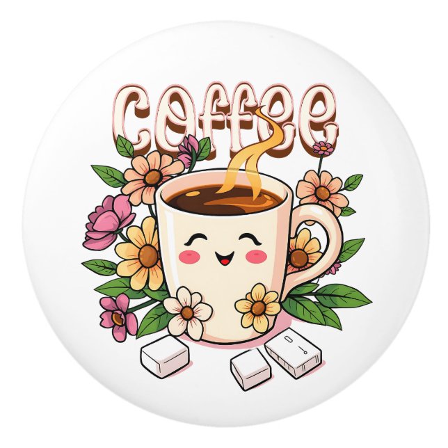 Cute Kawaii Coffee and Flowers Keramikknauf (Vorderseite)