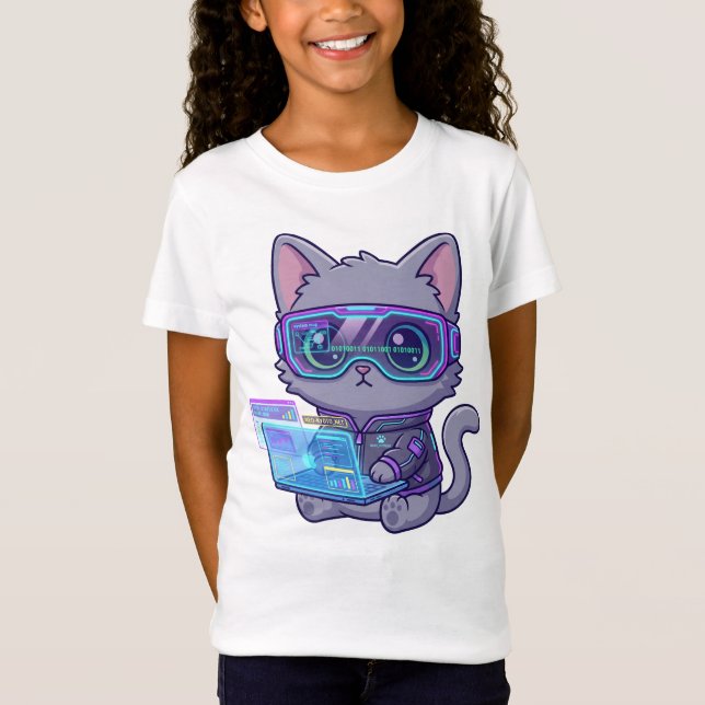 Cute Kawaii Cyberpunk Cat Hacker with Laptop T-Shirt (Vorderseite)