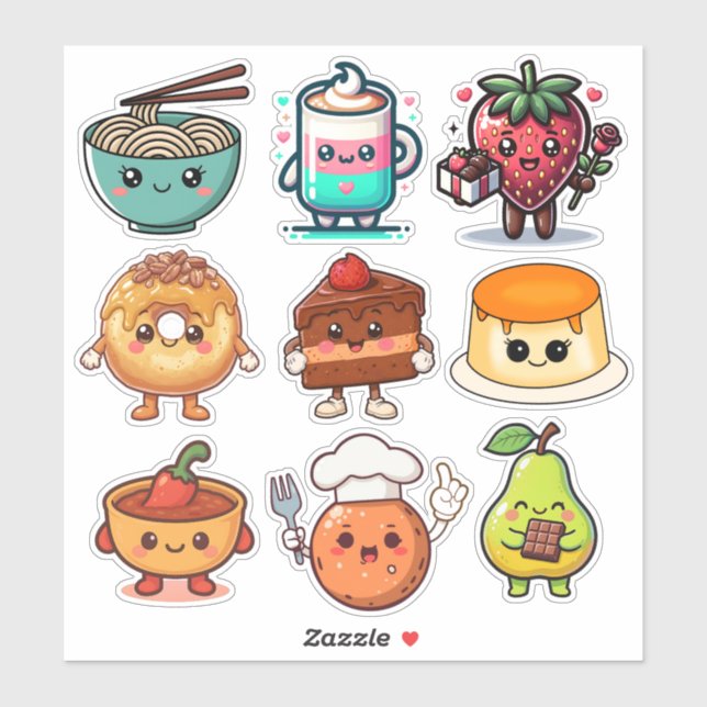 Cute Kawaii Foods | Donut, Coffee, Ramen Aufkleber (Blatt)