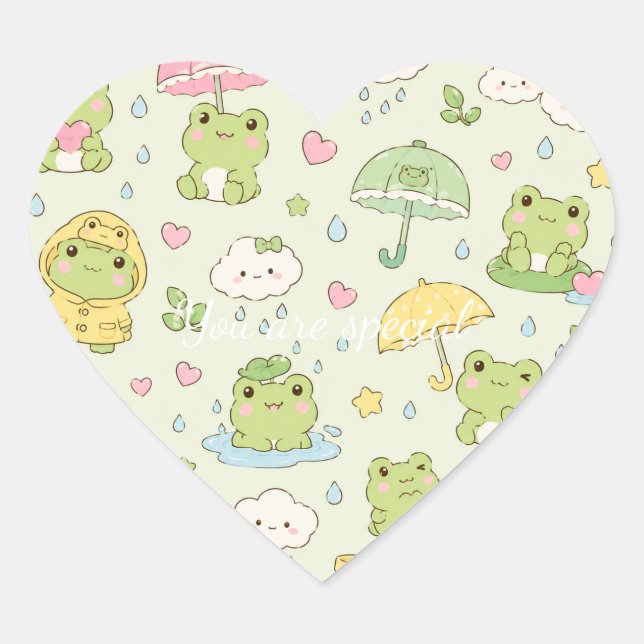 Cute Kawaii Frog Pattern | Green Pastel Herz-Aufkleber (Vorderseite)