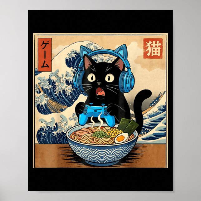 Cute Kawaii Gamer Cat Funny Ramen Japanese Cat Gam Poster (Vorne)
