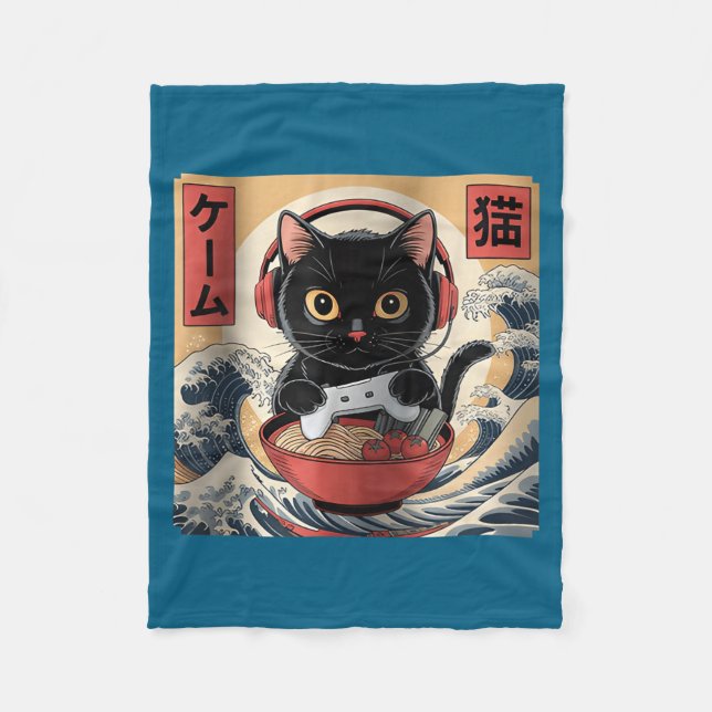 Cute Kawaii Gamer Cat Funny Ramen Retro Japanese C Fleecedecke (Vorderseite)