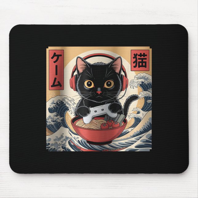 Cute Kawaii Gamer Cat Funny Ramen Retro Japanese C Mousepad (Vorne)