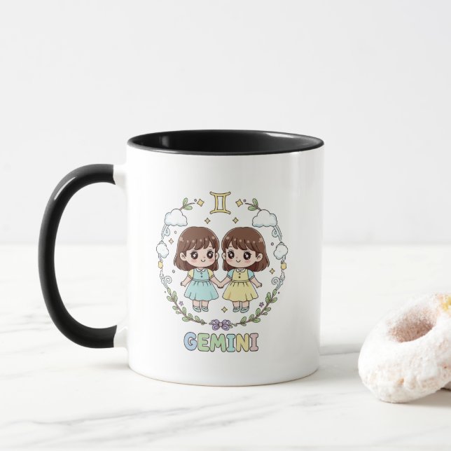 Cute Kawaii Gemini Zodiac Sign Tasse (Mit Donut)