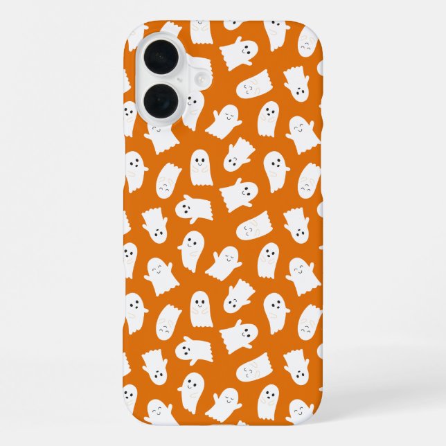 Cute Kawaii Ghost Pattern on Orange Background  iPhone 16 Plus Hülle (Rückseite)
