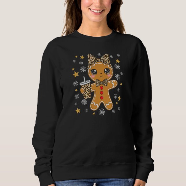 Cute Kawaii Gingerbread Girl Leopard Bow Christmas Sweatshirt (Vorderseite)