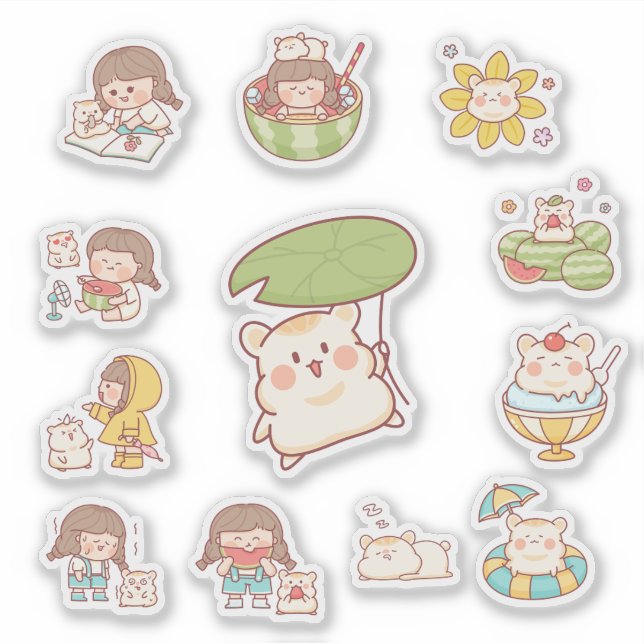 Cute Kawaii Girl and Bear Stickers Aufkleber (Vorderseite)
