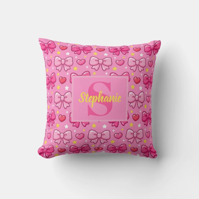 Cute Kawaii Girly Pink Bows Personalized Monogram Kissen (Vorderseite)