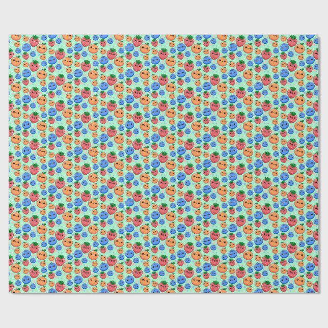 Cute Kawaii Green Orange Blue Fruit Gender Neutral Geschenkpapier (Flach)