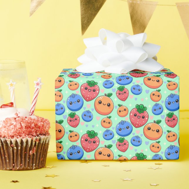 Cute Kawaii Green Orange Blue Fruit Gender Neutral Geschenkpapier (Geburtstagsparty)
