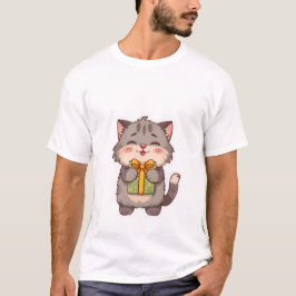 Cute Kawaii Grey Kitty Hugging Floral Gift Box ✨🎁 T-Shirt