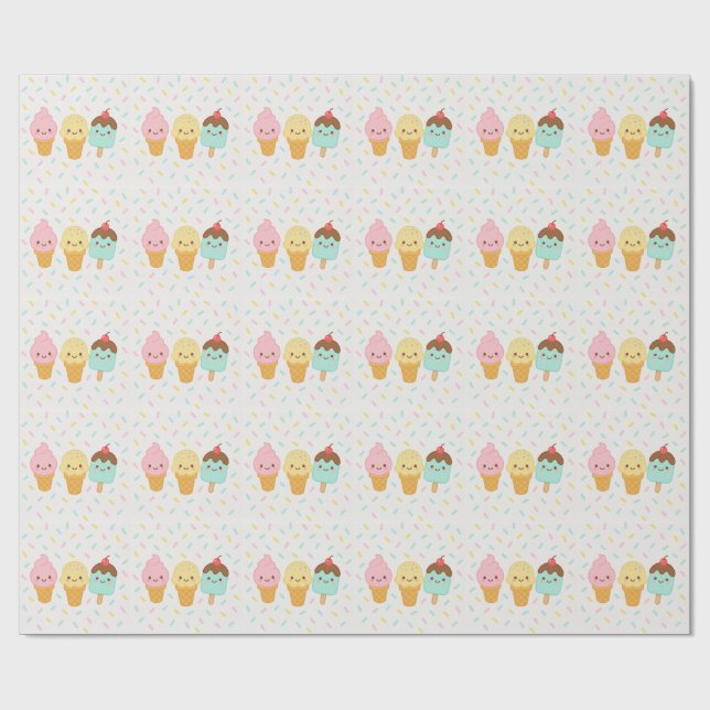 Cute Kawaii Ice Cream Party Wrapping Paper Geschenkpapier (Flach)