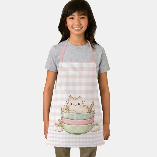 Cute Kawaii Kitty Cat Baking Pastel Gingham Pink Schürze (Insitu)