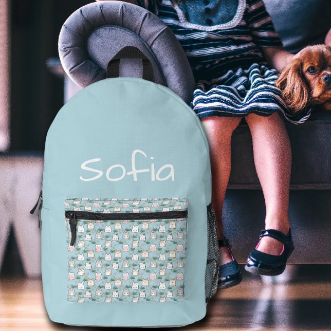 Cute kawaii kitty pattern azure blue name bedruckter rucksack (Von Creator hochgeladen)