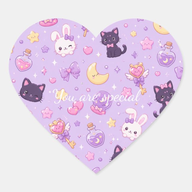 Cute Kawaii Magic Cats Pattern | Pastel Witchy  Herz-Aufkleber (Vorderseite)