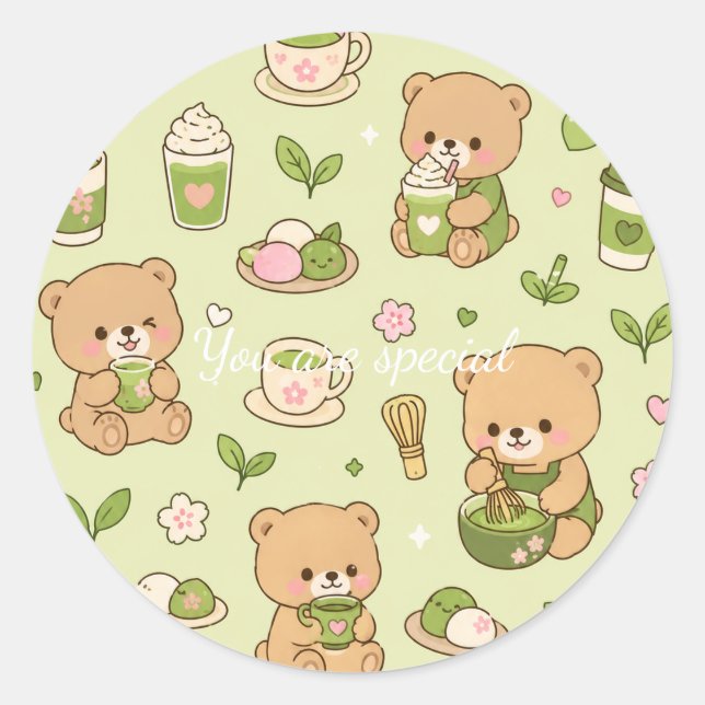 Cute Kawaii Matcha Teddy Bear Pattern | Green Tea  Runder Aufkleber (Vorderseite)