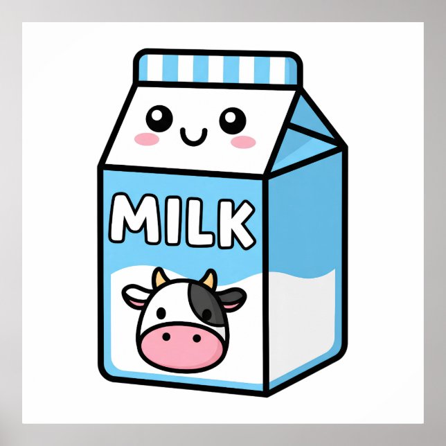 Cute Kawaii Milk Carton Illustration with Cow Icon Poster (Vorne)
