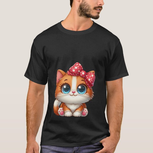Cute Kawaii Orange Kitten Red Polka Dot Bow Cat  T-Shirt (Vorderseite)