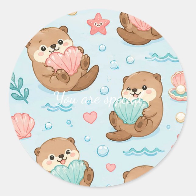 Cute Kawaii Otter Heart Seashell Pattern Runder Aufkleber (Vorderseite)