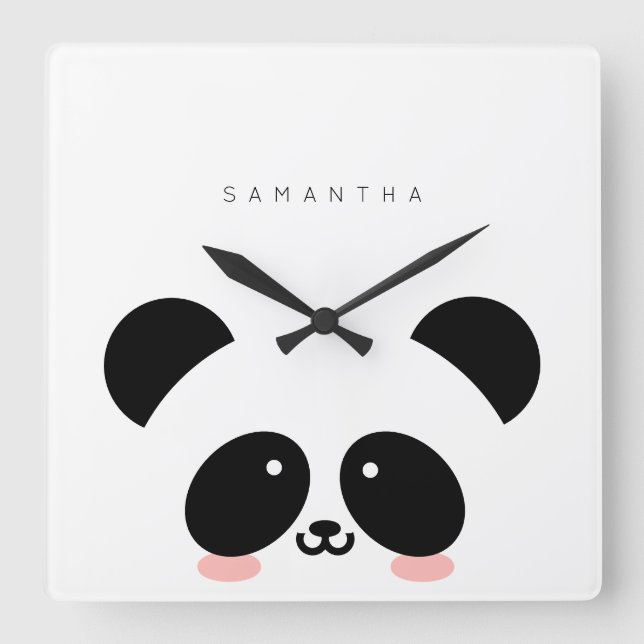 Cute Kawaii Panda | Add Your Name Quadratische Wanduhr (Vorderseite)