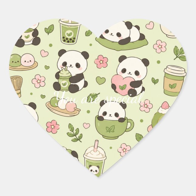Cute Kawaii Panda Pattern | Bamboo Pastel  Herz-Aufkleber (Vorderseite)