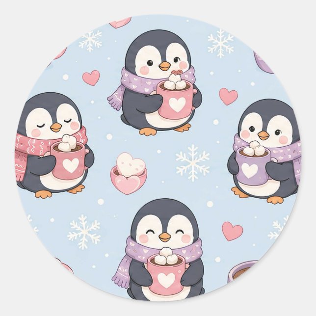 Cute Kawaii Penguin Hot Cocoa Pattern Runder Aufkleber (Vorderseite)