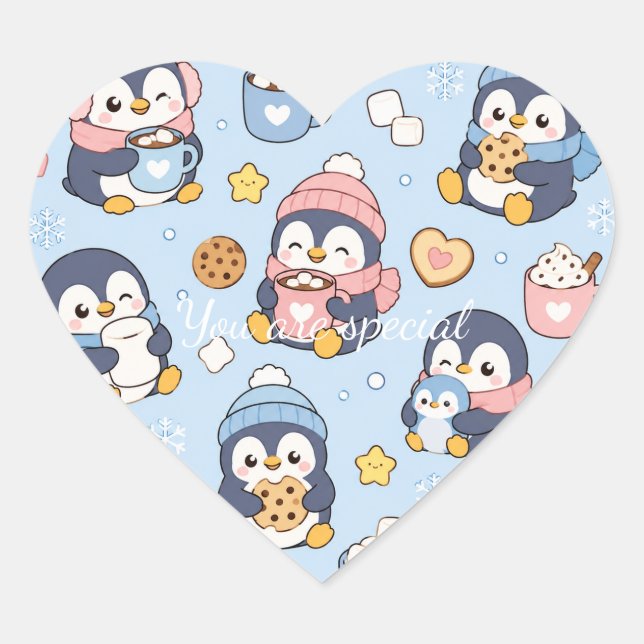 Cute Kawaii Penguin Winter Pattern | Cozy Hot Coco Herz-Aufkleber (Vorderseite)