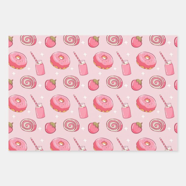 Cute Kawaii Pink Aesthetic Foods Seamless Pattern Geschenkpapier Set (Vorderseite)