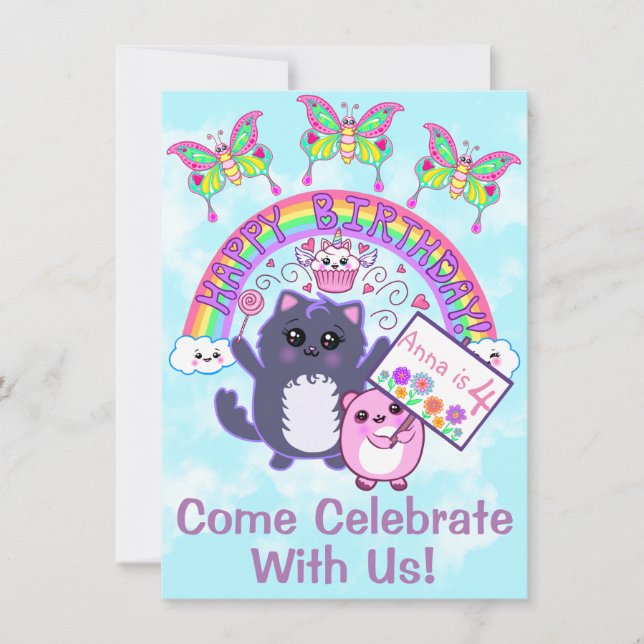 Cute Kawaii Rainbow Anniversaire Invitations (Devant)