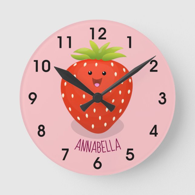 Cute kawaii strawberry cartoon illustration runde wanduhr (Vorderseite)
