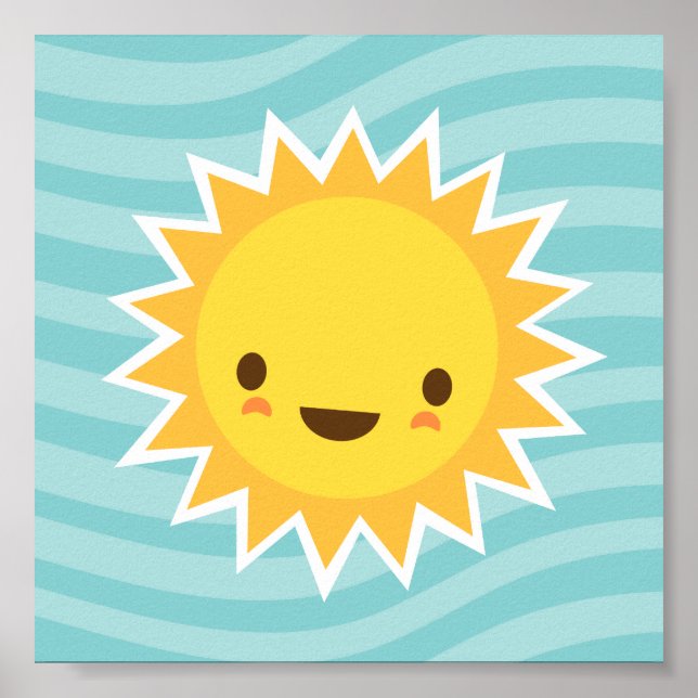 Cute kawaii sun cartoon character on blue kids poster (Vorne)