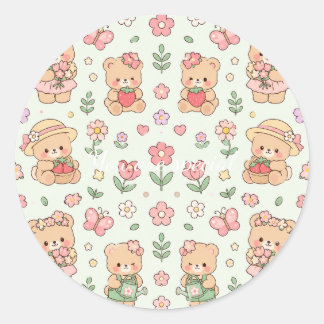 Cute Kawaii Teddy Bear Flower Garden Pattern | Pas Runder Aufkleber